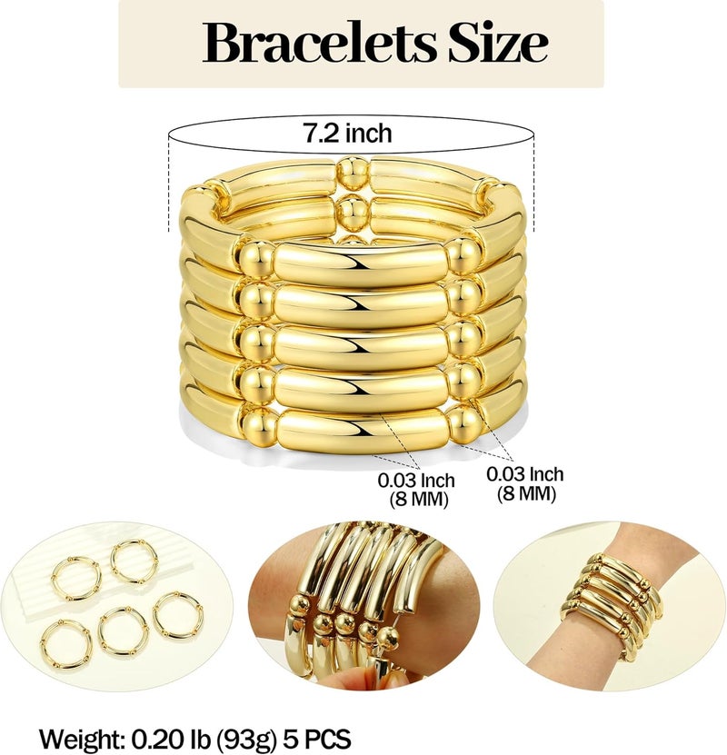 Badu Gold Chunky Bangles Bracelets For Women 14k Gold Plated Stack Layered Curved Bamboo Tube Stretch Bracelets Gift Jewelry - Image 2